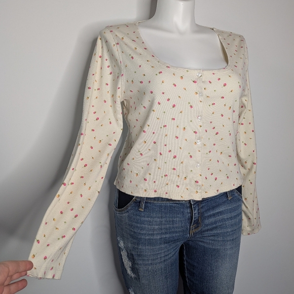 J Crew Cream Pink Yellow Floral Cotton Blend Square Neck Long Sleeve Cardigan - Picture 3 of 7